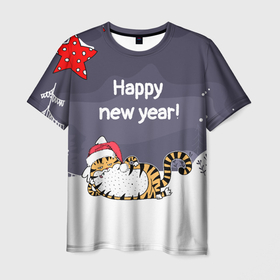 Мужская футболка 3D с принтом Happy New Year 2022 Тигр в Петрозаводске, 100% полиэфир | прямой крой, круглый вырез горловины, длина до линии бедер | 2022 | год тигра | новый год | новый год 2022 | символ года | тигр | тигренок | тигрица | тигры