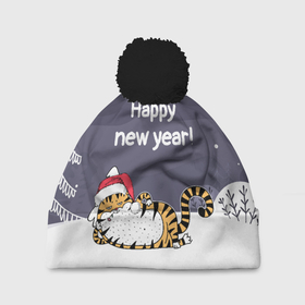 Шапка 3D c помпоном с принтом Happy New Year 2022 Тигр в Кировске, 100% полиэстер | универсальный размер, печать по всей поверхности изделия | 2022 | год тигра | новый год | новый год 2022 | символ года | тигр | тигренок | тигрица | тигры
