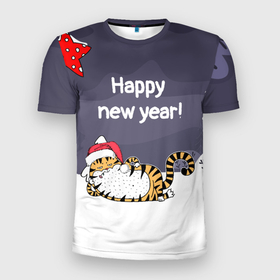 Мужская футболка 3D спортивная с принтом Happy New Year 2022 Тигр , 100% полиэстер с улучшенными характеристиками | приталенный силуэт, круглая горловина, широкие плечи, сужается к линии бедра | Тематика изображения на принте: 2022 | год тигра | новый год | новый год 2022 | символ года | тигр | тигренок | тигрица | тигры