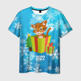 Мужская футболка 3D с принтом Тигр в подарочной коробке в Петрозаводске, 100% полиэфир | прямой крой, круглый вырез горловины, длина до линии бедер | 2022 | год тигра | новый год | новый год 2022 | символ года | тигр | тигренок | тигрица | тигры