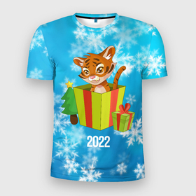 Мужская футболка 3D спортивная с принтом Тигр в подарочной коробке в Екатеринбурге, 100% полиэстер с улучшенными характеристиками | приталенный силуэт, круглая горловина, широкие плечи, сужается к линии бедра | 2022 | год тигра | новый год | новый год 2022 | символ года | тигр | тигренок | тигрица | тигры