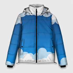 Мужская зимняя куртка 3D с принтом Полёт в облаках в Екатеринбурге, верх — 100% полиэстер; подкладка — 100% полиэстер; утеплитель — 100% полиэстер | длина ниже бедра, свободный силуэт Оверсайз. Есть воротник-стойка, отстегивающийся капюшон и ветрозащитная планка. 

Боковые карманы с листочкой на кнопках и внутренний карман на молнии. | Тематика изображения на принте: арт | вектор | векторный рисунок | небо | облака | облако | природа | рисунок | синий