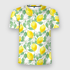 Мужская футболка 3D Slim с принтом Лимоны 3d в Белгороде, 100% полиэстер с улучшенными характеристиками | приталенный силуэт, круглая горловина, широкие плечи, сужается к линии бедра | 3d | background | branches | citrus | flowers | lemon | lemon tree | lemons | pattern | plant | tree | yellow | ветви | дерево | желтый | лимон | лимонное дерево | лимоны | листья | паттерн | растение | фон | цветы | цитрусы
