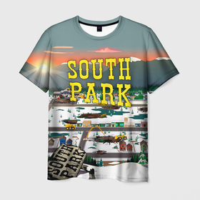 Мужская футболка 3D с принтом Южный Парк разрушенный город в Курске, 100% полиэфир | прямой крой, круглый вырез горловины, длина до линии бедер | south park | sp | город | заставка | мультфильм | саус парк | сауспарк | южный парк | юп