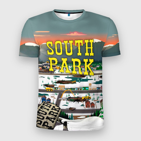 Мужская футболка 3D Slim с принтом Южный Парк разрушенный город в Новосибирске, 100% полиэстер с улучшенными характеристиками | приталенный силуэт, круглая горловина, широкие плечи, сужается к линии бедра | south park | sp | город | заставка | мультфильм | саус парк | сауспарк | южный парк | юп