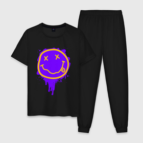 Мужская пижама хлопок с принтом НИРВАНА СМАЙЛ НЕОН , 100% хлопок | брюки и футболка прямого кроя, без карманов, на брюках мягкая резинка на поясе и по низу штанин
 | Тематика изображения на принте: band | cobain | face | kurt | logo | music | nirvana | rock | rocknroll | группа | кобейн | курт | лого | логотип | музыка | музыкальная | нирвана | рожица | рок | рокнролл | символ