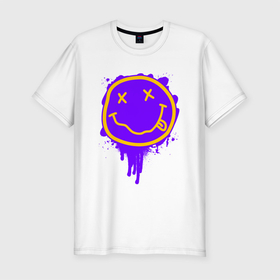Мужская футболка хлопок Slim с принтом НИРВАНА СМАЙЛ НЕОН в Тюмени, 92% хлопок, 8% лайкра | приталенный силуэт, круглый вырез ворота, длина до линии бедра, короткий рукав | band | cobain | face | kurt | logo | music | nirvana | rock | rocknroll | группа | кобейн | курт | лого | логотип | музыка | музыкальная | нирвана | рожица | рок | рокнролл | символ