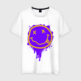 Мужская футболка хлопок с принтом НИРВАНА СМАЙЛ НЕОН в Белгороде, 100% хлопок | прямой крой, круглый вырез горловины, длина до линии бедер, слегка спущенное плечо. | band | cobain | face | kurt | logo | music | nirvana | rock | rocknroll | группа | кобейн | курт | лого | логотип | музыка | музыкальная | нирвана | рожица | рок | рокнролл | символ
