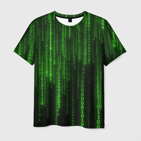 Мужская футболка 3D с принтом Матрица двоичный код , 100% полиэфир | прямой крой, круглый вырез горловины, длина до линии бедер | Тематика изображения на принте: абстракция | голограмма | неон | полосы | цифры