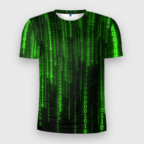 Мужская футболка 3D Slim с принтом Матрица двоичный код в Санкт-Петербурге, 100% полиэстер с улучшенными характеристиками | приталенный силуэт, круглая горловина, широкие плечи, сужается к линии бедра | абстракция | голограмма | неон | полосы | цифры