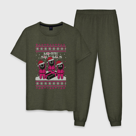 Мужская пижама хлопок с принтом Sweater Squidmas в Новосибирске, 100% хлопок | брюки и футболка прямого кроя, без карманов, на брюках мягкая резинка на поясе и по низу штанин
 | Тематика изображения на принте: squid game | дед мороз | игра | игра в кальмара | кальмар | новогодние игры в кальмара | новогодний | новый год | подарок | свитера | сериал | сериал игра в кальмара