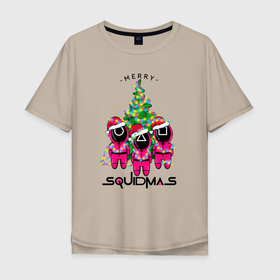 Мужская футболка хлопок Oversize с принтом Guardians Merry squidmas , 100% хлопок | свободный крой, круглый ворот, “спинка” длиннее передней части | squid game | дед мороз | игра | игра в кальмара | кальмар | новогодние игры в кальмара | новогодний | новый год | подарок | свитера | сериал | сериал игра в кальмара