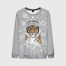 Мужской свитшот 3D с принтом Снежный тигр в Петрозаводске, 100% полиэстер с мягким внутренним слоем | круглый вырез горловины, мягкая резинка на манжетах и поясе, свободная посадка по фигуре | 2022 | год тигра | зимний тигр | новогодний подарок | новый год | новый год 2020 | подарок на новый год | снег