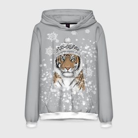 Мужская толстовка 3D с принтом Снежный тигр в Петрозаводске, 100% полиэстер | двухслойный капюшон со шнурком для регулировки, мягкие манжеты на рукавах и по низу толстовки, спереди карман-кенгуру с мягким внутренним слоем. | 2022 | год тигра | зимний тигр | новогодний подарок | новый год | новый год 2020 | подарок на новый год | снег