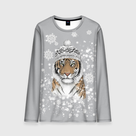 Мужской лонгслив 3D с принтом Снежный тигр в Новосибирске, 100% полиэстер | длинные рукава, круглый вырез горловины, полуприлегающий силуэт | 2022 | год тигра | зимний тигр | новогодний подарок | новый год | новый год 2020 | подарок на новый год | снег