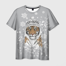 Мужская футболка 3D с принтом Снежный тигр в Белгороде, 100% полиэфир | прямой крой, круглый вырез горловины, длина до линии бедер | 2022 | год тигра | зимний тигр | новогодний подарок | новый год | новый год 2020 | подарок на новый год | снег