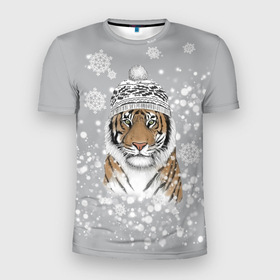 Мужская футболка 3D спортивная с принтом Снежный тигр в Новосибирске, 100% полиэстер с улучшенными характеристиками | приталенный силуэт, круглая горловина, широкие плечи, сужается к линии бедра | 2022 | год тигра | зимний тигр | новогодний подарок | новый год | новый год 2020 | подарок на новый год | снег