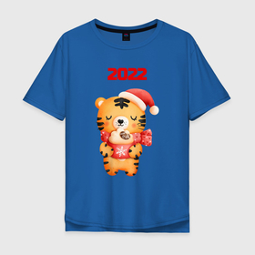 Мужская футболка хлопок Oversize с принтом Праздничный тигренок 2022 в Кировске, 100% хлопок | свободный крой, круглый ворот, “спинка” длиннее передней части | 2022 | год тигра | новый год | новый год 2022 | символ года | тигр | тигренок | тигрица | тигры