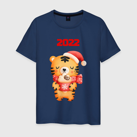 Мужская футболка хлопок с принтом Праздничный тигренок 2022 в Петрозаводске, 100% хлопок | прямой крой, круглый вырез горловины, длина до линии бедер, слегка спущенное плечо. | 2022 | год тигра | новый год | новый год 2022 | символ года | тигр | тигренок | тигрица | тигры