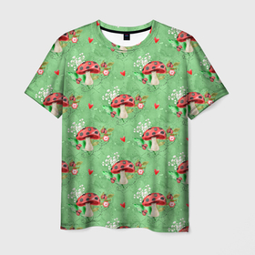 Мужская футболка 3D с принтом Грибы Мухоморы паттерн в Кировске, 100% полиэфир | прямой крой, круглый вырез горловины, длина до линии бедер | гриб | грибочки | грибы | лес | мухомор