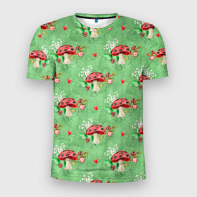 Мужская футболка 3D Slim с принтом Грибы Мухоморы паттерн в Белгороде, 100% полиэстер с улучшенными характеристиками | приталенный силуэт, круглая горловина, широкие плечи, сужается к линии бедра | гриб | грибочки | грибы | лес | мухомор