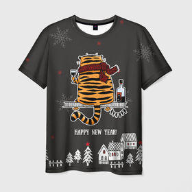 Мужская футболка 3D с принтом Одинокий тигр пьет винишко в Белгороде, 100% полиэфир | прямой крой, круглый вырез горловины, длина до линии бедер | 2022 | год тигра | новый год | новый год 2022 | символ года | тигр | тигренок | тигрица | тигры