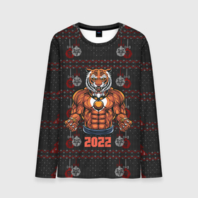 Мужской лонгслив 3D с принтом Новогодний качок тигр в Петрозаводске, 100% полиэстер | длинные рукава, круглый вырез горловины, полуприлегающий силуэт | 2022 | год тигра | новый год | новый год 2022 | символ года | тигр | тигренок | тигрица | тигры