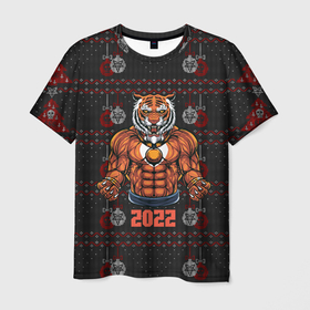 Мужская футболка 3D с принтом Новогодний качок тигр , 100% полиэфир | прямой крой, круглый вырез горловины, длина до линии бедер | 2022 | год тигра | новый год | новый год 2022 | символ года | тигр | тигренок | тигрица | тигры