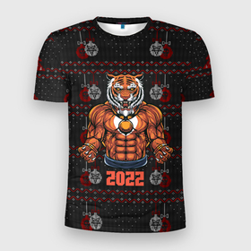 Мужская футболка 3D спортивная с принтом Новогодний качок тигр в Новосибирске, 100% полиэстер с улучшенными характеристиками | приталенный силуэт, круглая горловина, широкие плечи, сужается к линии бедра | 2022 | год тигра | новый год | новый год 2022 | символ года | тигр | тигренок | тигрица | тигры