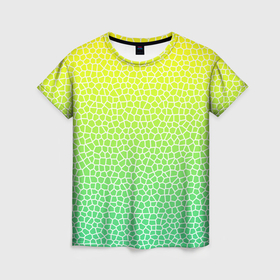 Женская футболка 3D с принтом Витражная мозаика , 100% полиэфир ( синтетическое хлопкоподобное полотно) | прямой крой, круглый вырез горловины, длина до линии бедер | витраж | градиент | зеленое стекло | зеленый | зеленый радуга | зеленый сети | лимон | мозаика | радуга | светло зеленый | соты | яркий