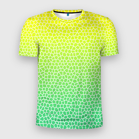 Мужская футболка 3D Slim с принтом Витражная мозаика в Белгороде, 100% полиэстер с улучшенными характеристиками | приталенный силуэт, круглая горловина, широкие плечи, сужается к линии бедра | витраж | градиент | зеленое стекло | зеленый | зеленый радуга | зеленый сети | лимон | мозаика | радуга | светло зеленый | соты | яркий