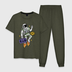 Мужская пижама хлопок с принтом Space disco bang в Новосибирске, 100% хлопок | брюки и футболка прямого кроя, без карманов, на брюках мягкая резинка на поясе и по низу штанин
 | astronaut | bang | pop art | recorder | space | spacesuit | взрыв | космонавт | космос | магнитофон | поп арт