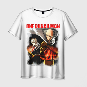 Мужская футболка 3D с принтом Сайтама и Генос One Punch Man в Новосибирске, 100% полиэфир | прямой крой, круглый вырез горловины, длина до линии бедер | genos | genoсide | hagemanto | jenosu | one punch man | one punchman | onepunchman | oni saibogu | saitama | sensei | аниме | ван панч мен | ванпанчмен | генос | кибердемон | кибернетическое тело | лысый плащ | манга | сайтама | сильнейший человек