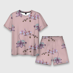 Мужской костюм с шортами 3D с принтом Розовые орхидеи на розовом фоне ,  |  | 8 марта | flowers | march 8 | spring | ботаническая иллюстрация | весна | день рождения | лето | любовь | орхидея | праздник | принт | природа | растения | розовый | цветы