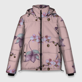 Мужская зимняя куртка 3D с принтом Розовые орхидеи на розовом фоне в Новосибирске, верх — 100% полиэстер; подкладка — 100% полиэстер; утеплитель — 100% полиэстер | длина ниже бедра, свободный силуэт Оверсайз. Есть воротник-стойка, отстегивающийся капюшон и ветрозащитная планка. 

Боковые карманы с листочкой на кнопках и внутренний карман на молнии. | Тематика изображения на принте: 8 марта | flowers | march 8 | spring | ботаническая иллюстрация | весна | день рождения | лето | любовь | орхидея | праздник | принт | природа | растения | розовый | цветы
