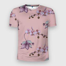Мужская футболка 3D Slim с принтом Розовые орхидеи на розовом фоне в Новосибирске, 100% полиэстер с улучшенными характеристиками | приталенный силуэт, круглая горловина, широкие плечи, сужается к линии бедра | Тематика изображения на принте: 8 марта | flowers | march 8 | spring | ботаническая иллюстрация | весна | день рождения | лето | любовь | орхидея | праздник | принт | природа | растения | розовый | цветы
