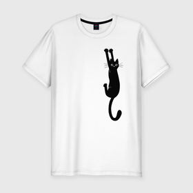 Мужская футболка хлопок Slim с принтом Черная кошка висит в Курске, 92% хлопок, 8% лайкра | приталенный силуэт, круглый вырез ворота, длина до линии бедра, короткий рукав | black cat | cat | kitty | кошка | мяу | черня кошка