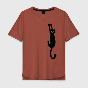 Мужская футболка хлопок Oversize с принтом Черная кошка висит в Екатеринбурге, 100% хлопок | свободный крой, круглый ворот, “спинка” длиннее передней части | black cat | cat | kitty | кошка | мяу | черня кошка