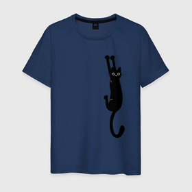 Мужская футболка хлопок с принтом Черная кошка висит в Тюмени, 100% хлопок | прямой крой, круглый вырез горловины, длина до линии бедер, слегка спущенное плечо. | black cat | cat | kitty | кошка | мяу | черня кошка