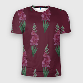 Мужская футболка 3D Slim с принтом Бардовые гладиолусы в Новосибирске, 100% полиэстер с улучшенными характеристиками | приталенный силуэт, круглая горловина, широкие плечи, сужается к линии бедра | 8 марта | flowers | march 8 | spring | бардовый | ботаническая иллюстрация | весна | гладиолусы | день рождения | зеленый | красный | лето | любовь | праздник | принт | природа | растения | цветы