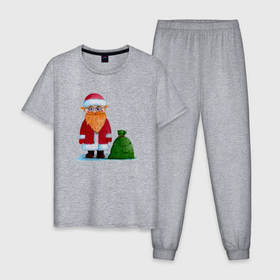 Мужская пижама хлопок с принтом Дед Мороз с мешком в Курске, 100% хлопок | брюки и футболка прямого кроя, без карманов, на брюках мягкая резинка на поясе и по низу штанин
 | в очках | дед | дед мороз | мешок | мороз | новогодний | новый год | подарки | санта клаус