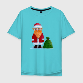 Мужская футболка хлопок Oversize с принтом Дед Мороз с мешком в Екатеринбурге, 100% хлопок | свободный крой, круглый ворот, “спинка” длиннее передней части | в очках | дед | дед мороз | мешок | мороз | новогодний | новый год | подарки | санта клаус