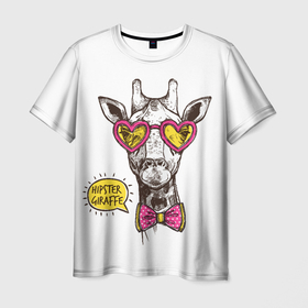 Мужская футболка 3D с принтом Жираф хипстер с галстуком бабочкой , 100% полиэфир | прямой крой, круглый вырез горловины, длина до линии бедер | животные | жираф | настроение | хипстер | юмор