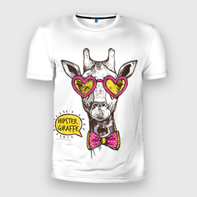Мужская футболка 3D Slim с принтом Жираф хипстер с галстуком бабочкой в Екатеринбурге, 100% полиэстер с улучшенными характеристиками | приталенный силуэт, круглая горловина, широкие плечи, сужается к линии бедра | животные | жираф | настроение | хипстер | юмор