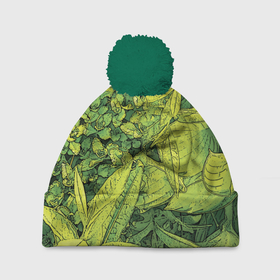 Шапка 3D c помпоном с принтом Растительная жизнь   Хоста в Новосибирске, 100% полиэстер | универсальный размер, печать по всей поверхности изделия | Тематика изображения на принте: весенний | зеленый | листья | растения | салатовый | свежий | хоста | цветы