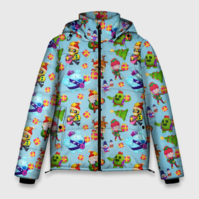 Мужская зимняя куртка 3D с принтом Brawl Stars Christmas Pattern в Новосибирске, верх — 100% полиэстер; подкладка — 100% полиэстер; утеплитель — 100% полиэстер | длина ниже бедра, свободный силуэт Оверсайз. Есть воротник-стойка, отстегивающийся капюшон и ветрозащитная планка. 

Боковые карманы с листочкой на кнопках и внутренний карман на молнии. | Тематика изображения на принте: 2022 | brawl | brawl stars | brock | bull | colt | elprimo | jessie | leon | nita | shelly | stars | брок | булл | джесси | кольт | леон | новогоднее | новый год | рождество | шелли | эльпримо
