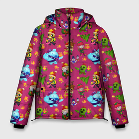 Мужская зимняя куртка 3D с принтом Brawl stars Pattern в Новосибирске, верх — 100% полиэстер; подкладка — 100% полиэстер; утеплитель — 100% полиэстер | длина ниже бедра, свободный силуэт Оверсайз. Есть воротник-стойка, отстегивающийся капюшон и ветрозащитная планка. 

Боковые карманы с листочкой на кнопках и внутренний карман на молнии. | Тематика изображения на принте: 2022 | brawl | brawl stars | brock | bull | colt | elprimo | jessie | leon | nita | shelly | stars | брок | булл | джесси | кольт | леон | новогоднее | новый год | рождество | шелли | эльпримо