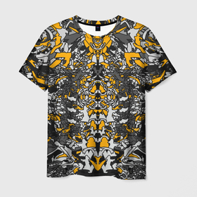 Мужская футболка 3D с принтом Жёлтый каменный дракон в Белгороде, 100% полиэфир | прямой крой, круглый вырез горловины, длина до линии бедер | абстракция | динамика | жолтый | камень | серый | симметрия | узоры