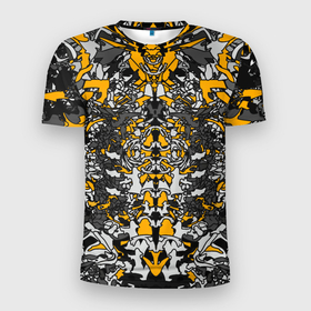 Мужская футболка 3D Slim с принтом Жёлтый каменный дракон в Петрозаводске, 100% полиэстер с улучшенными характеристиками | приталенный силуэт, круглая горловина, широкие плечи, сужается к линии бедра | абстракция | динамика | жолтый | камень | серый | симметрия | узоры