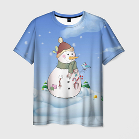 Мужская футболка 3D с принтом Веселый Снеговичок в Санкт-Петербурге, 100% полиэфир | прямой крой, круглый вырез горловины, длина до линии бедер | 2022 | новогодний | новый год | рождество | снег | снеговик